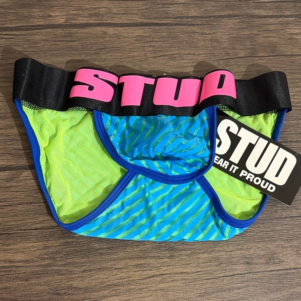STUD WEAR IT PROUD Men’s Markie Tanga Brief Bright Blue & Neon Green